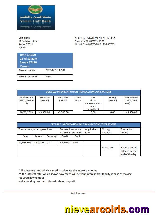 Yemen Gulf bank statement